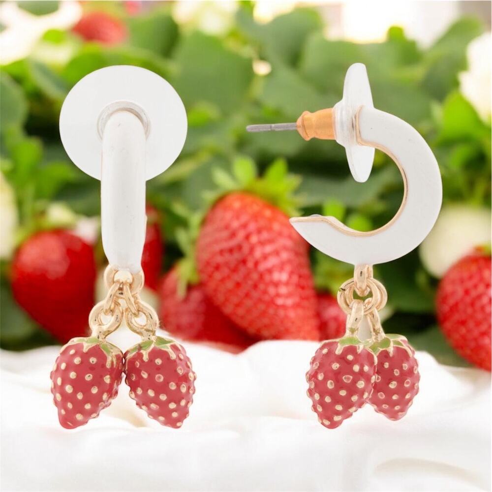 BETSEY JOHNSON Enamel Strawberry Huggie Hoop Earrings NWT vtg